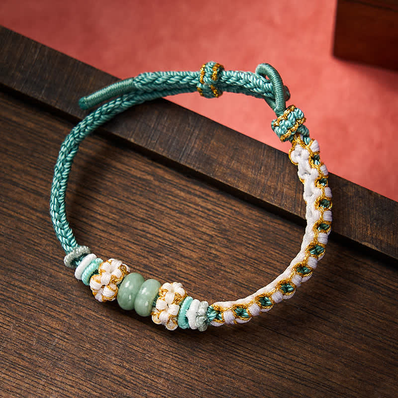 Buddha Stones Handmade Braided Chinese Knotting Peach Blossoms Jade Luck Adjustable Bracelet