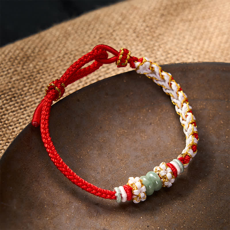 Buddha Stones Handmade Braided Chinese Knotting Peach Blossoms Jade Luck Adjustable Bracelet