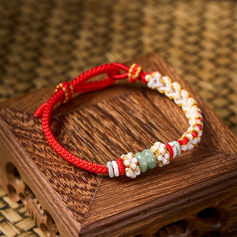 Buddha Stones Handmade Braided Chinese Knotting Peach Blossoms Jade Luck Adjustable Bracelet