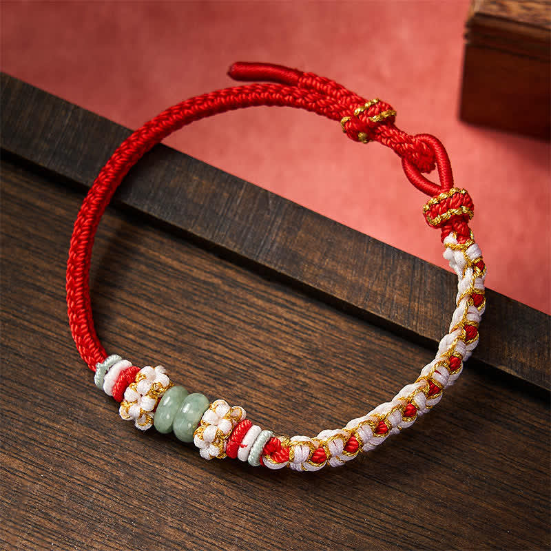 Buddha Stones Handmade Braided Chinese Knotting Peach Blossoms Jade Luck Adjustable Bracelet