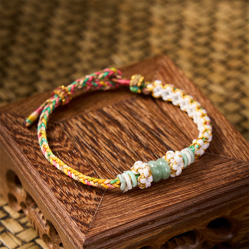 Buddha Stones Handmade Braided Chinese Knotting Peach Blossoms Jade Luck Adjustable Bracelet
