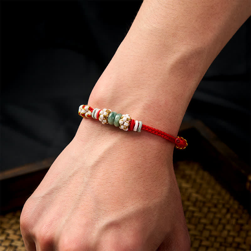 Buddha Stones Handmade Braided Chinese Knotting Peach Blossoms Jade Luck Adjustable Bracelet