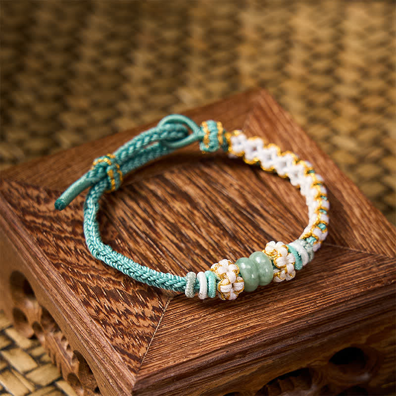 Buddha Stones Handmade Braided Chinese Knotting Peach Blossoms Jade Luck Adjustable Bracelet
