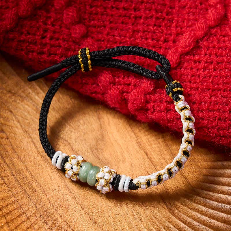 Buddha Stones Handmade Braided Chinese Knotting Peach Blossoms Jade Luck Adjustable Bracelet