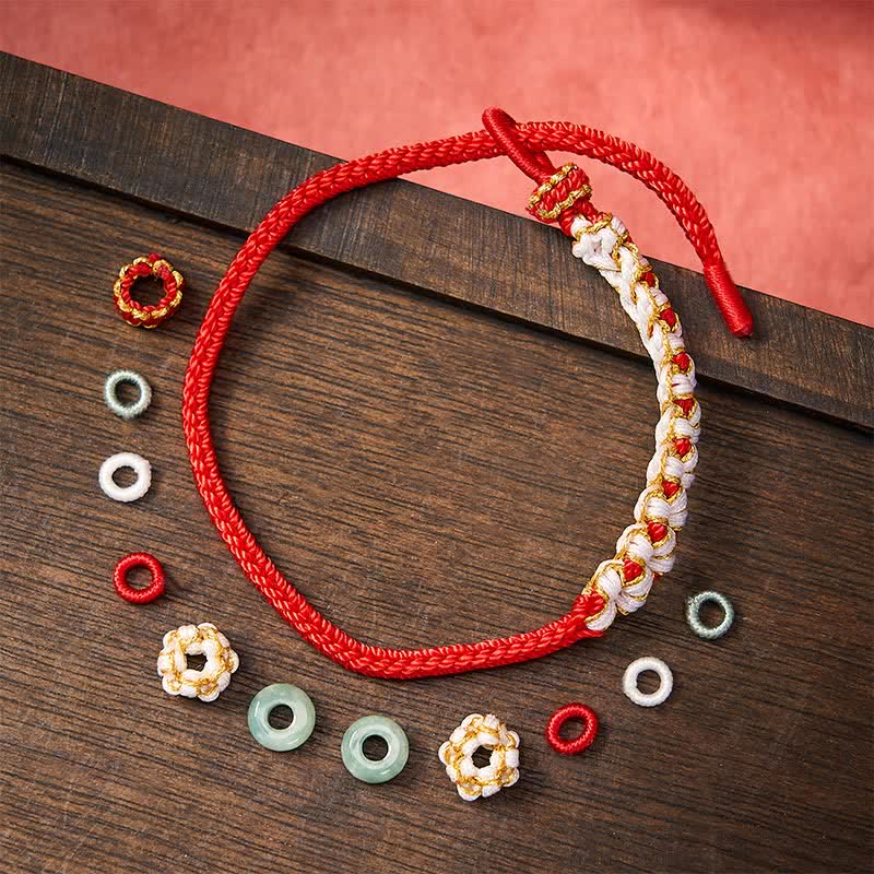 Buddha Stones Handmade Braided Chinese Knotting Peach Blossoms Jade Luck Adjustable Bracelet