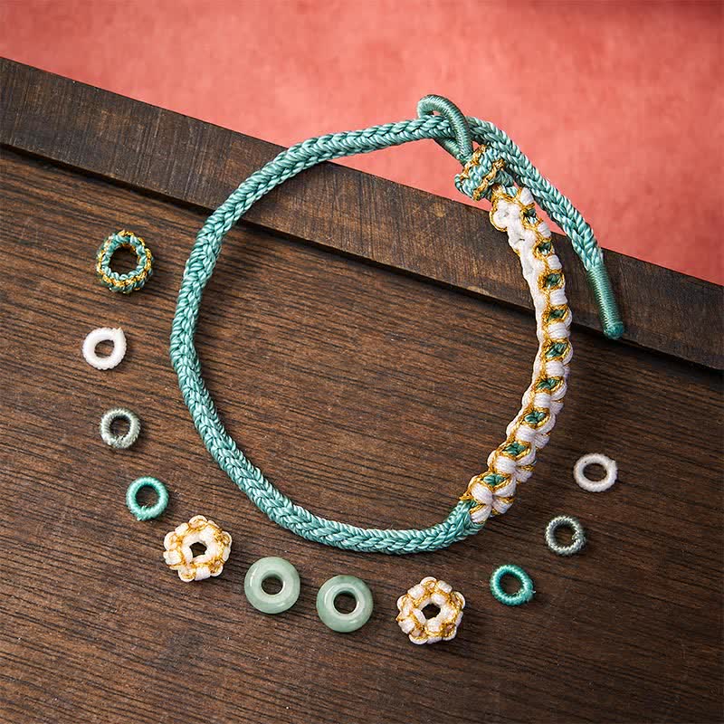EverestArtstudios Handmade Braided Chinese Knotting Peach Blossoms Jade Luck Adjustable Bracelet