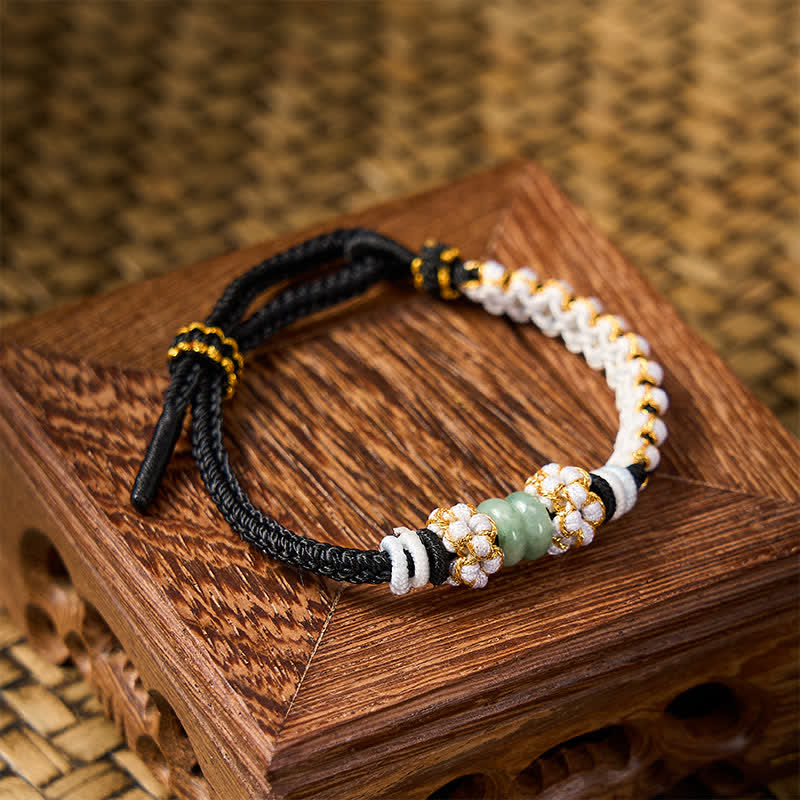 Buddha Stones Handmade Braided Chinese Knotting Peach Blossoms Jade Luck Adjustable Bracelet