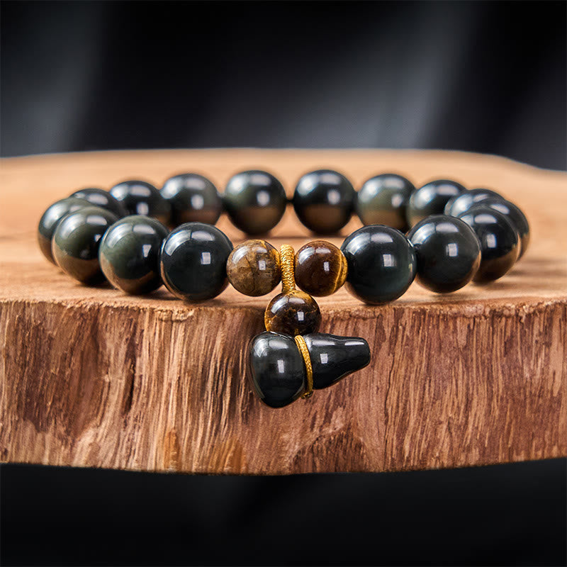 Buddha Stones Rainbow Obsidian Gourd Protection Vintage Chinese Bracelet