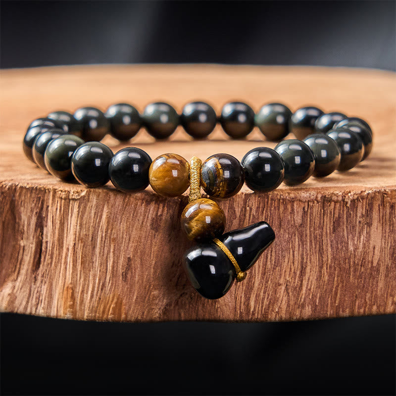 Buddha Stones Rainbow Obsidian Gourd Protection Vintage Chinese Bracelet