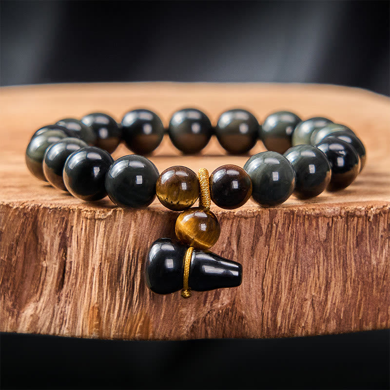 Buddha Stones Rainbow Obsidian Gourd Protection Vintage Chinese Bracelet