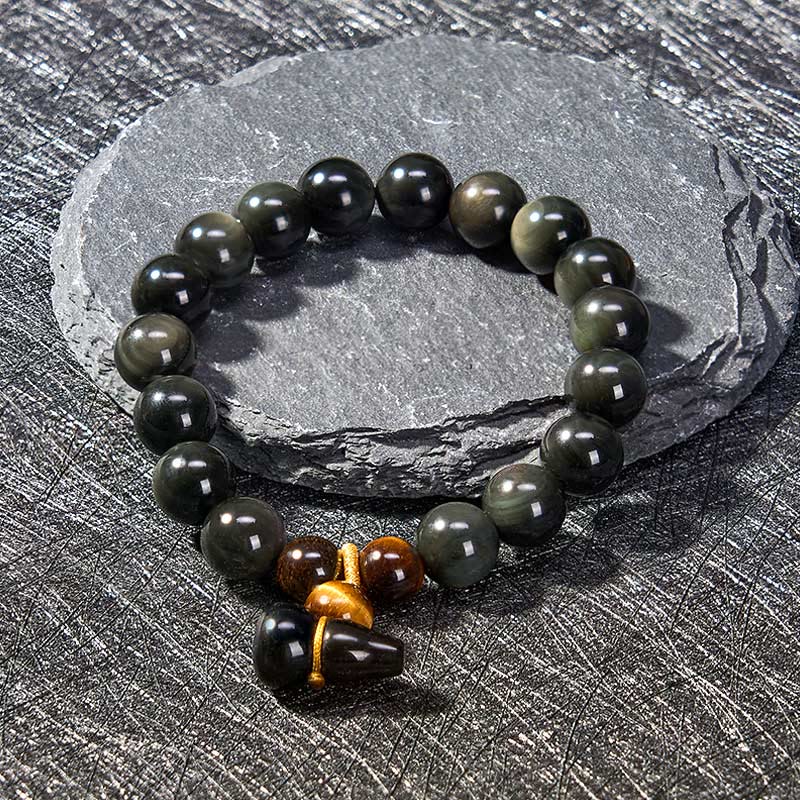 Buddha Stones Rainbow Obsidian Gourd Protection Vintage Chinese Bracelet