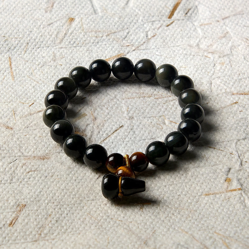 Buddha Stones Rainbow Obsidian Gourd Protection Vintage Chinese Bracelet