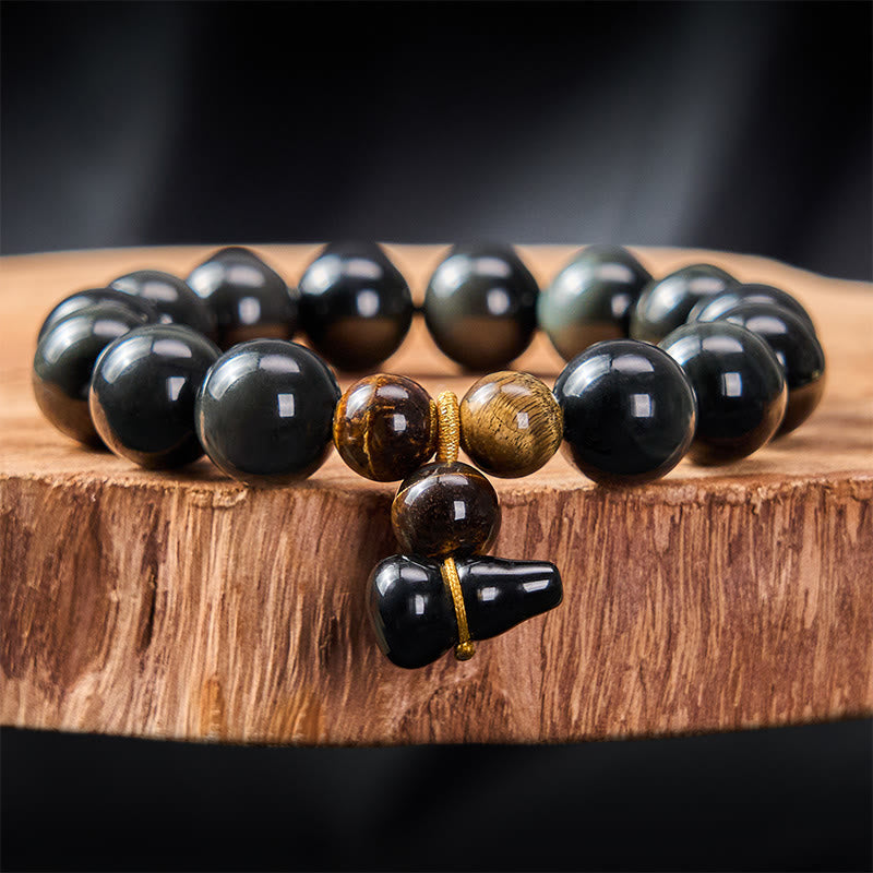 Buddha Stones Rainbow Obsidian Gourd Protection Vintage Chinese Bracelet