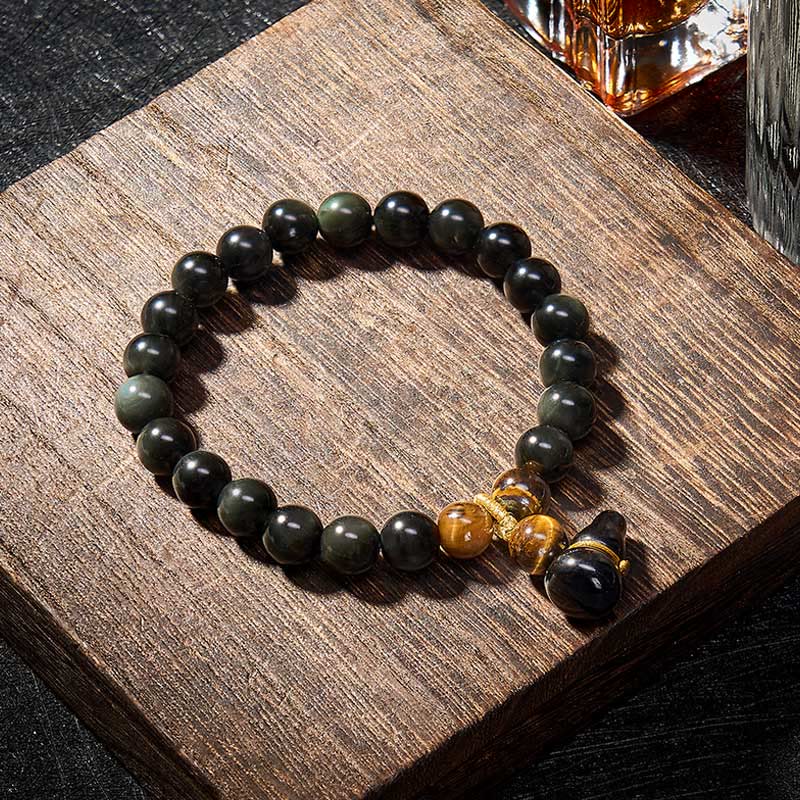 Buddha Stones Rainbow Obsidian Gourd Protection Vintage Chinese Bracelet