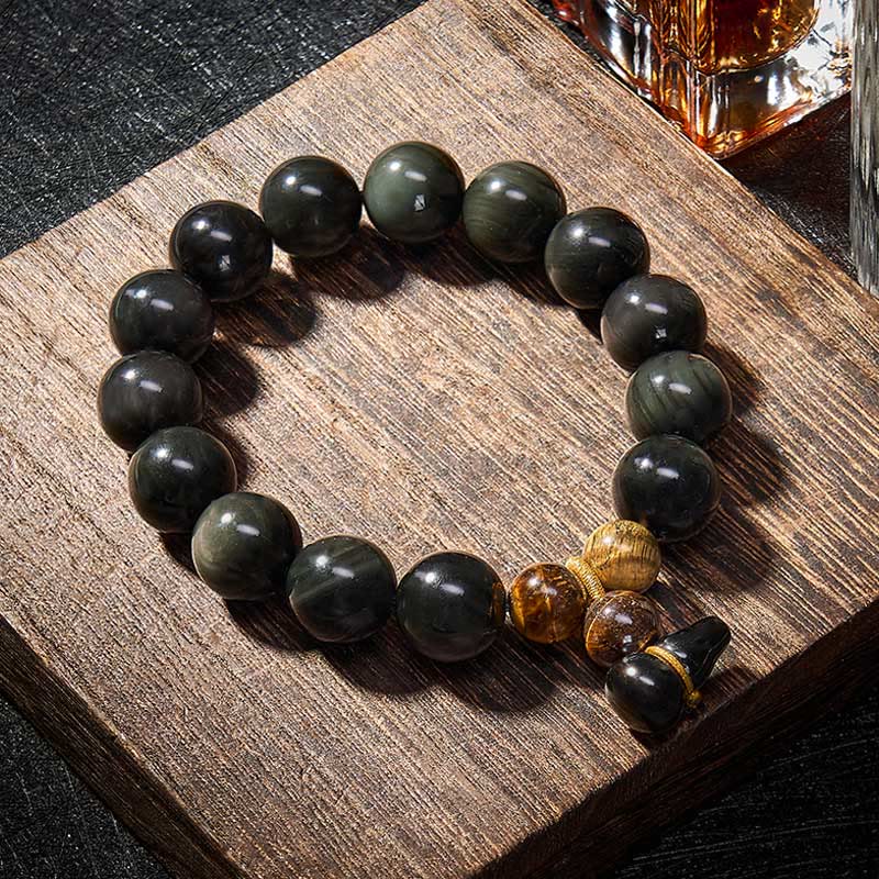 Buddha Stones Rainbow Obsidian Gourd Protection Vintage Chinese Bracelet