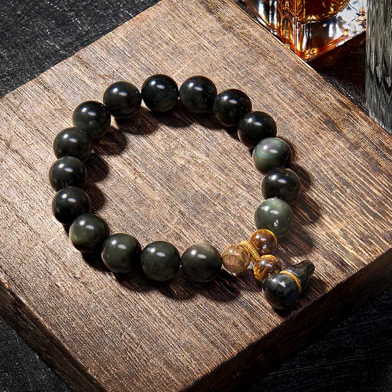 Buddha Stones Rainbow Obsidian Gourd Protection Vintage Chinese Bracelet