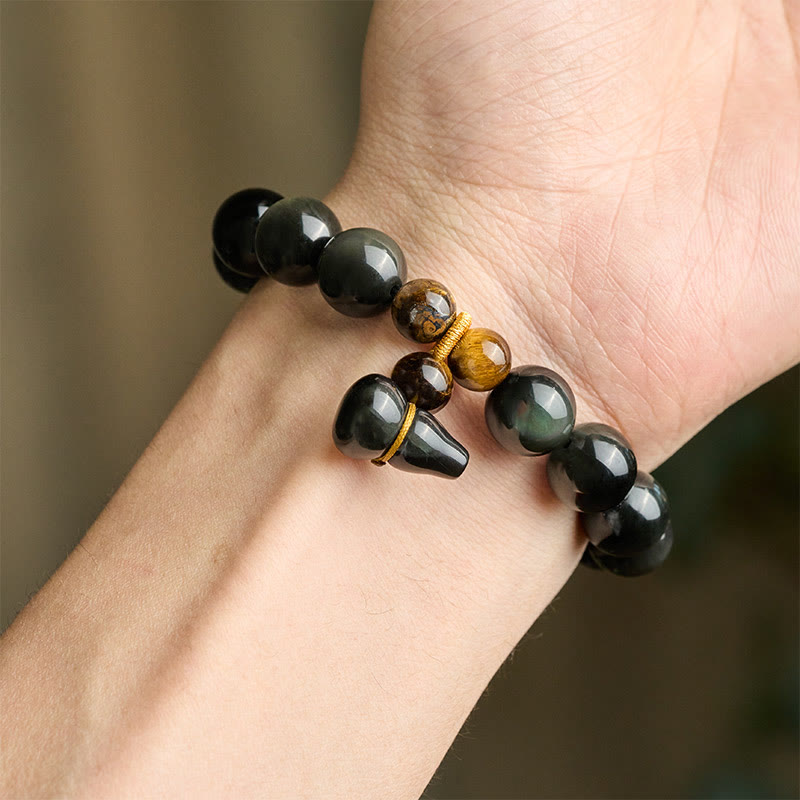 Buddha Stones Rainbow Obsidian Gourd Protection Vintage Chinese Bracelet