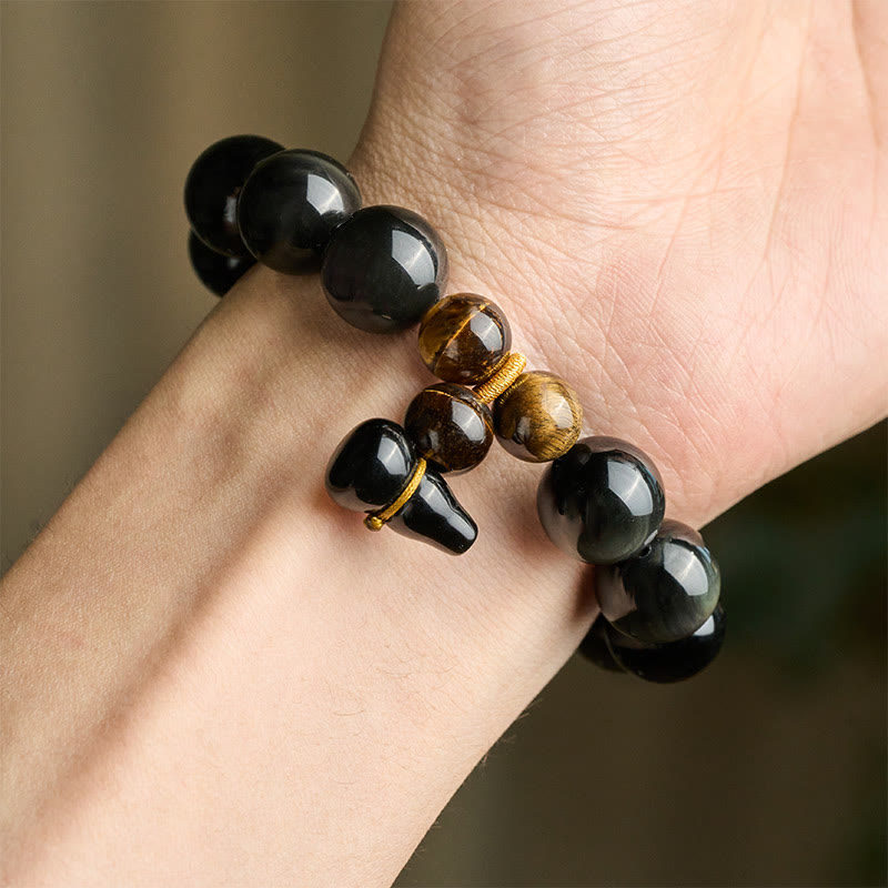 Buddha Stones Rainbow Obsidian Gourd Protection Vintage Chinese Bracelet