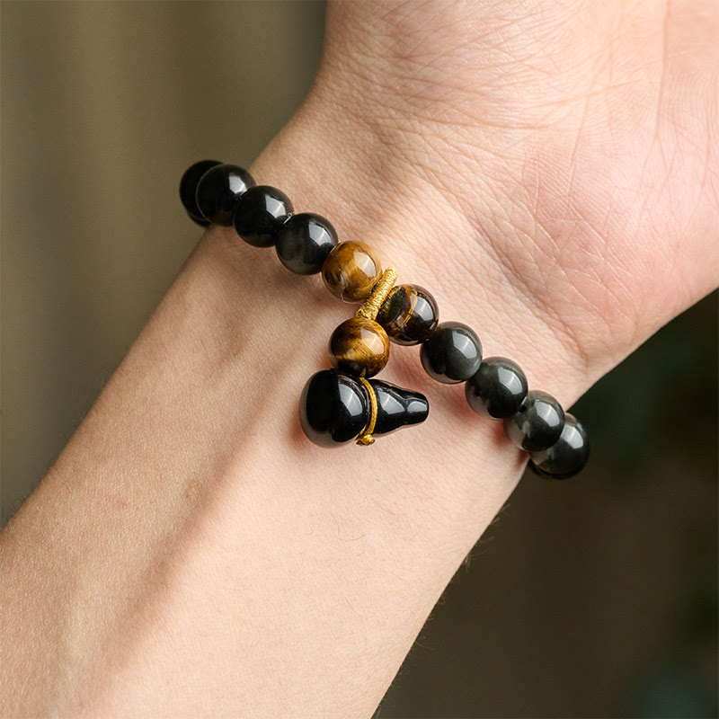 Buddha Stones Rainbow Obsidian Gourd Protection Vintage Chinese Bracelet