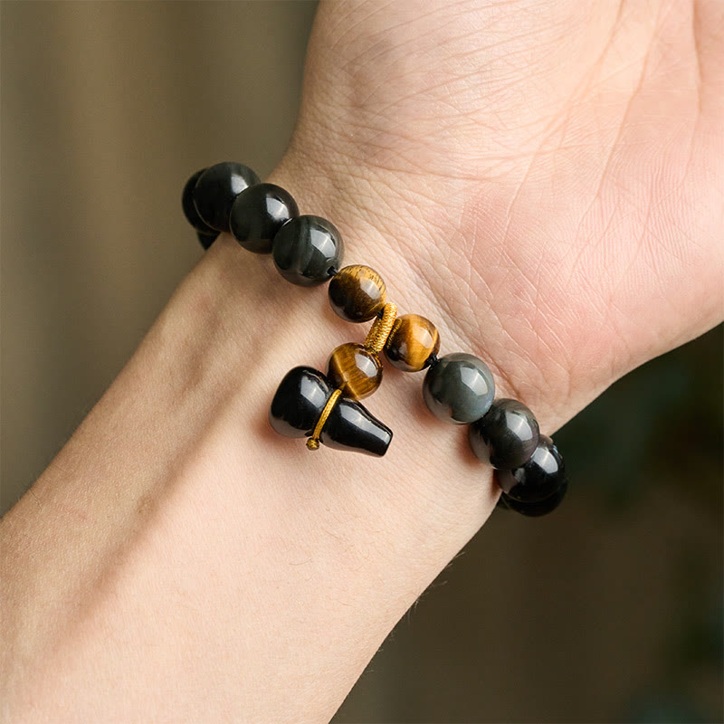 Buddha Stones Rainbow Obsidian Gourd Protection Vintage Chinese Bracelet