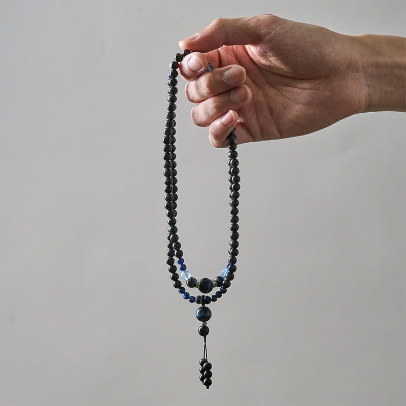 Buddha Stones Black Obsidian Protection Handcrafted Round Tassel 108 Bead Mala