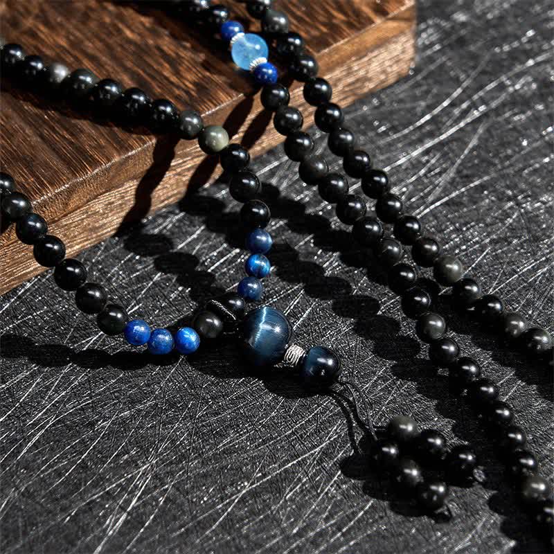Buddha Stones Black Obsidian Protection Handcrafted Round Tassel 108 Bead Mala