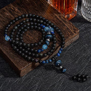 Buddha Stones Black Obsidian Protection Handcrafted Round Tassel 108 Bead Mala