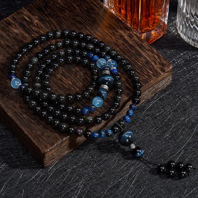 Buddha Stones Black Obsidian Protection Handcrafted Round Tassel 108 Bead Mala