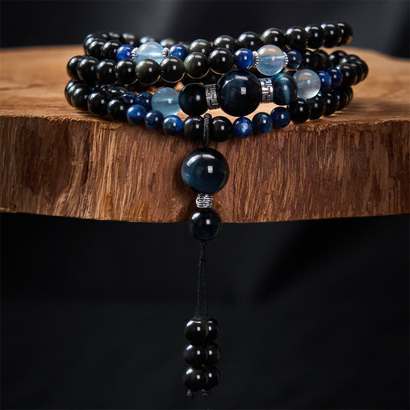 Buddha Stones Black Obsidian Protection Handcrafted Round Tassel 108 Bead Mala