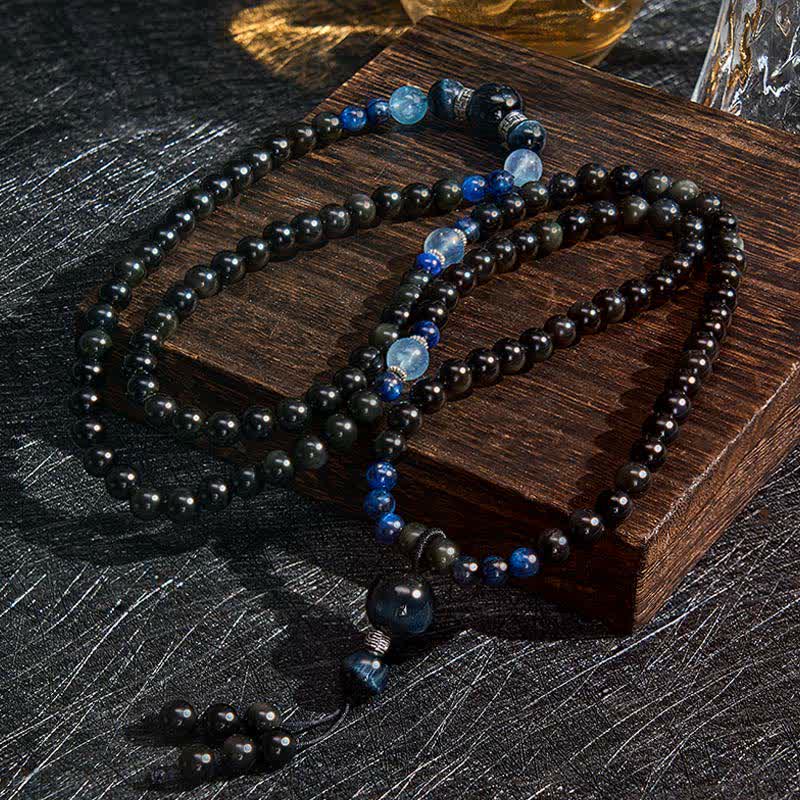 Buddha Stones Black Obsidian Protection Handcrafted Round Tassel 108 Bead Mala
