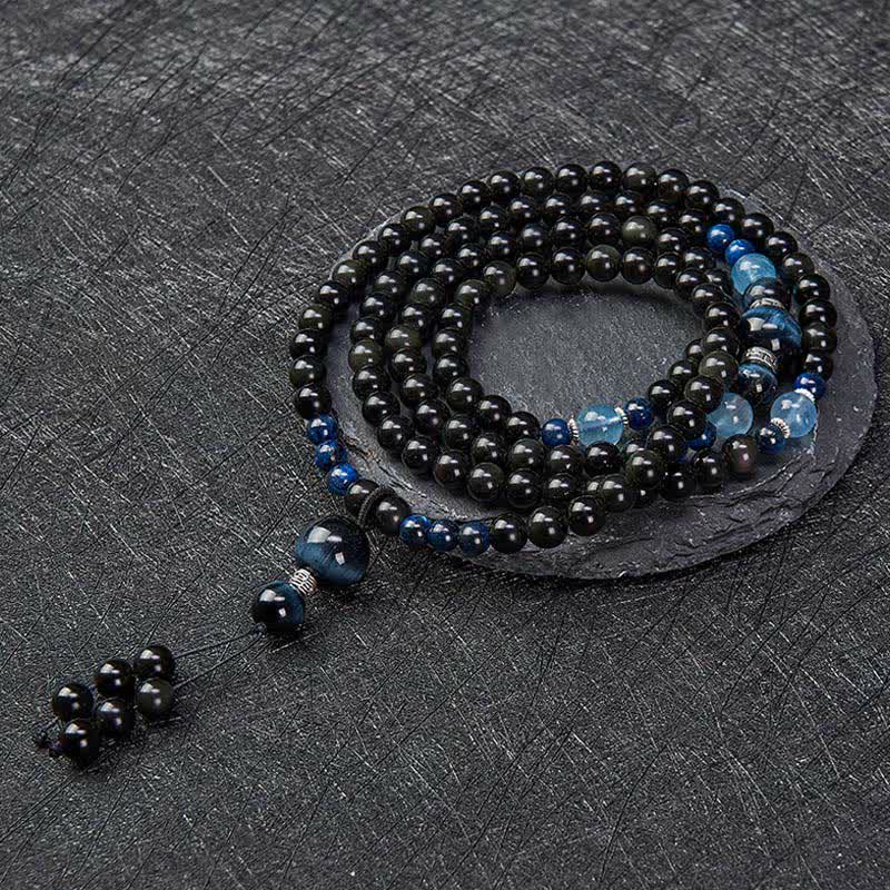 Buddha Stones Black Obsidian Protection Handcrafted Round Tassel 108 Bead Mala