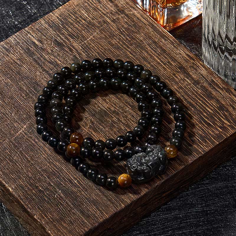 Buddha Stones PiXiu Rainbow Obsidian Black Obsidian Wealth Hand Carved Bead Bracelet