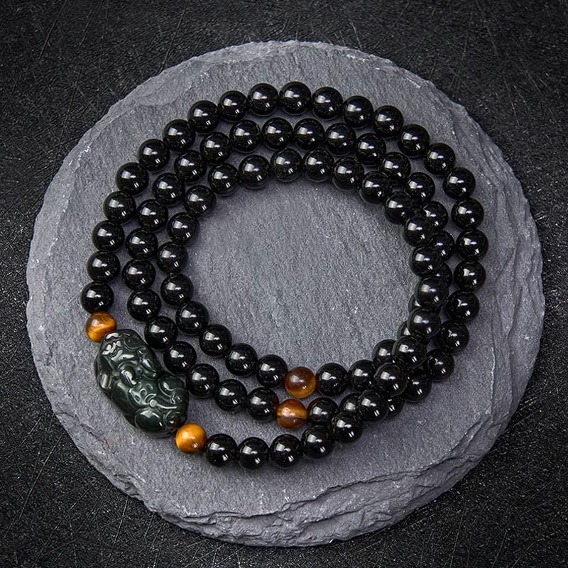 Buddha Stones PiXiu Rainbow Obsidian Black Obsidian Wealth Hand Carved Bead Bracelet