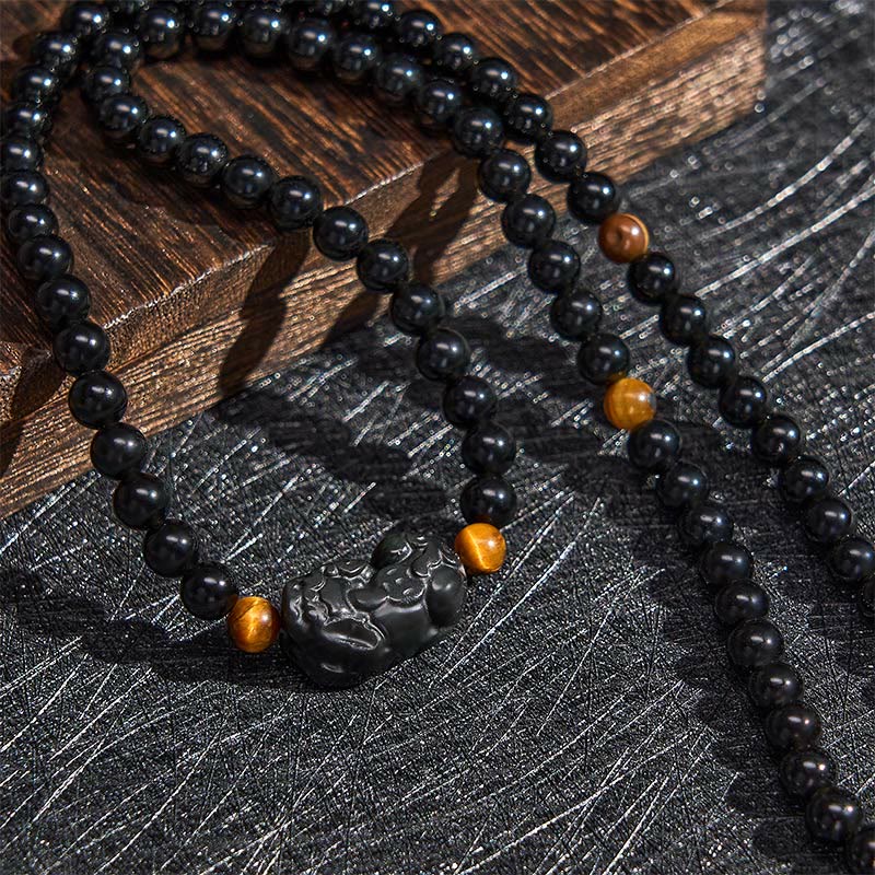 Buddha Stones PiXiu Rainbow Obsidian Black Obsidian Wealth Hand Carved Bead Bracelet