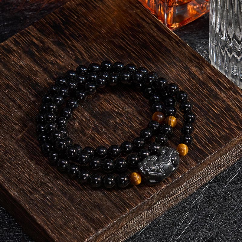 Buddha Stones PiXiu Rainbow Obsidian Black Obsidian Wealth Hand Carved Bead Bracelet