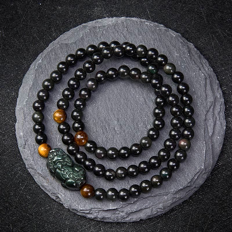 Buddha Stones PiXiu Rainbow Obsidian Black Obsidian Wealth Hand Carved Bead Bracelet