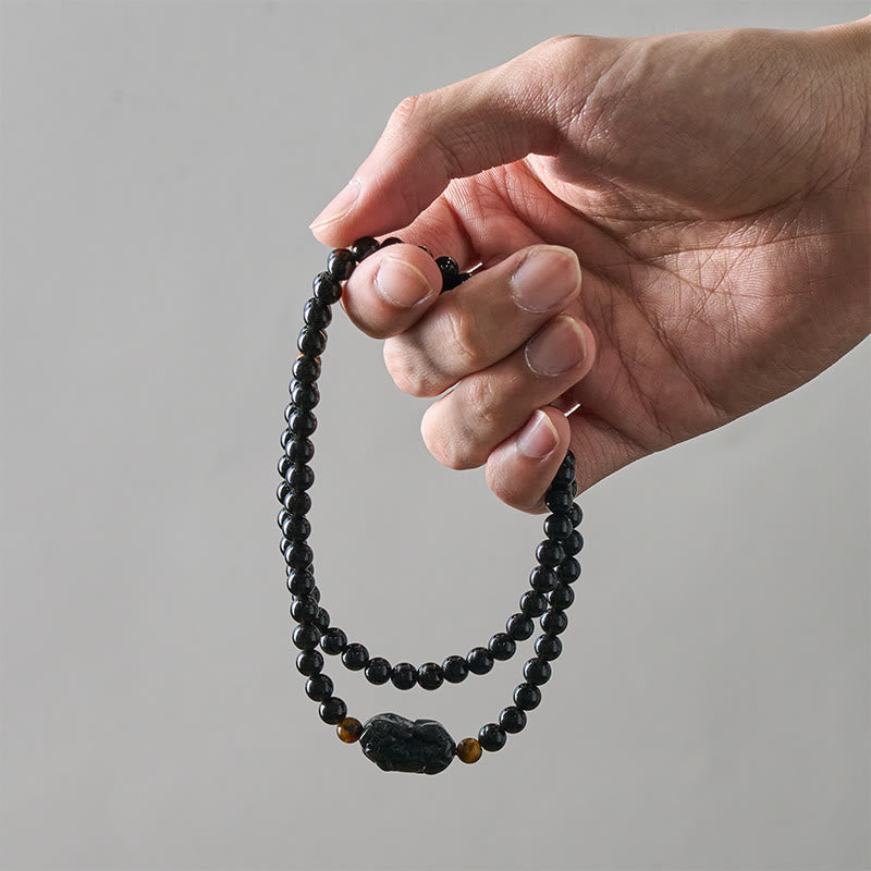 Buddha Stones PiXiu Rainbow Obsidian Black Obsidian Wealth Hand Carved Bead Bracelet