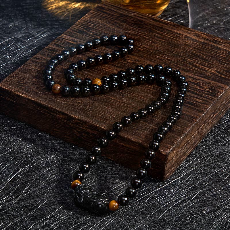 Buddha Stones PiXiu Rainbow Obsidian Black Obsidian Wealth Hand Carved Bead Bracelet