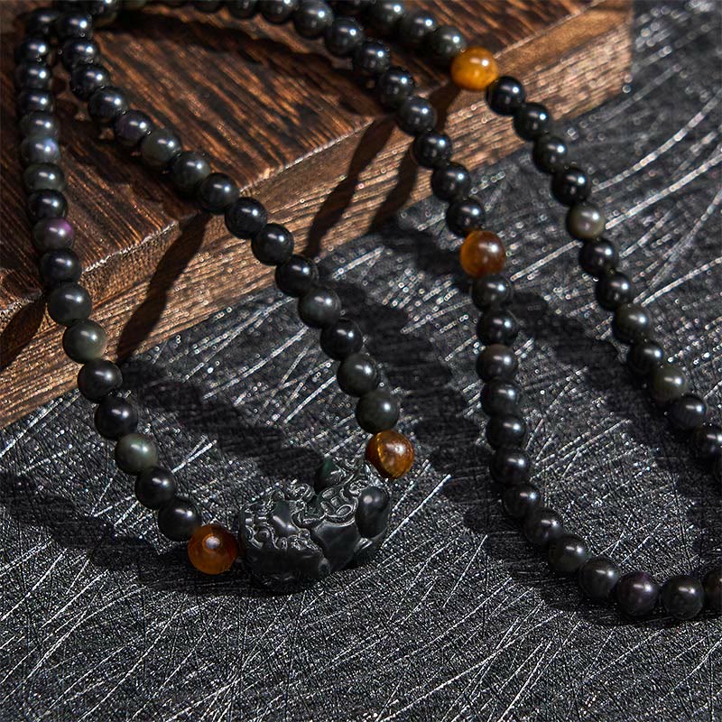 Buddha Stones PiXiu Rainbow Obsidian Black Obsidian Wealth Hand Carved Bead Bracelet