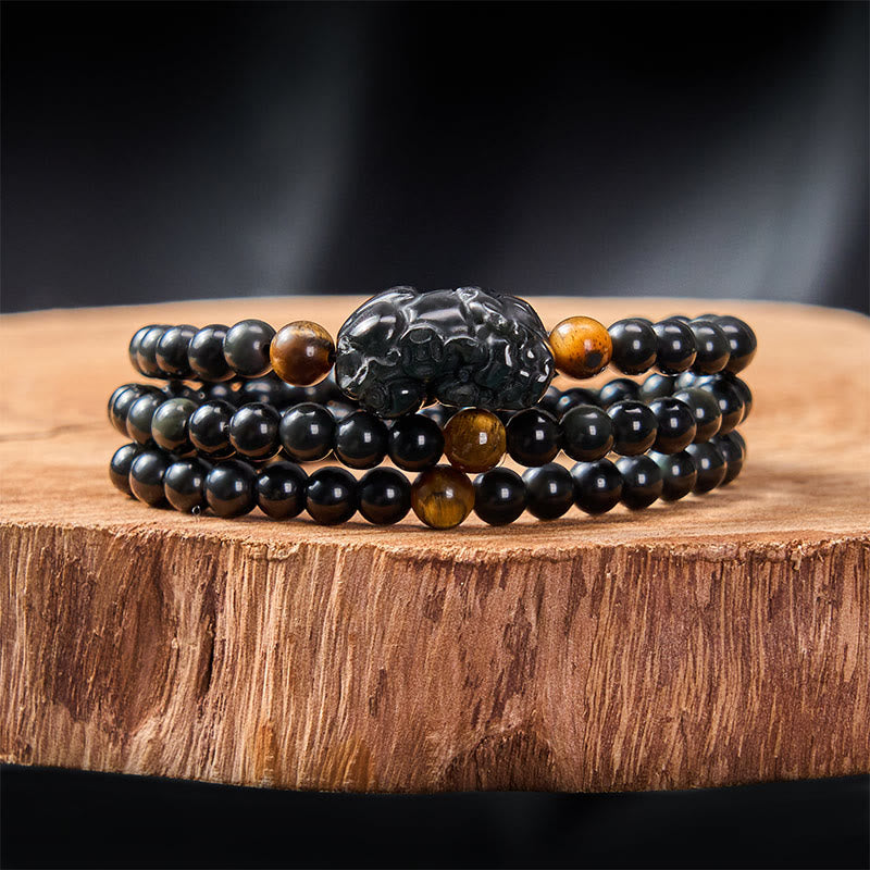 Buddha Stones PiXiu Rainbow Obsidian Black Obsidian Wealth Hand Carved Bead Bracelet