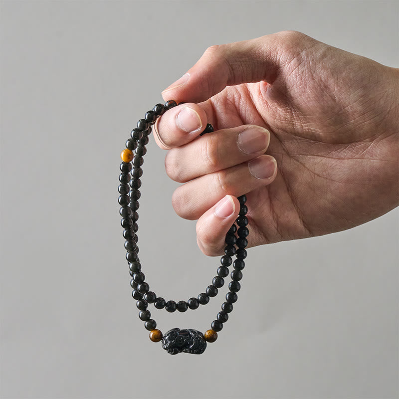 Buddha Stones PiXiu Rainbow Obsidian Black Obsidian Wealth Hand Carved Bead Bracelet