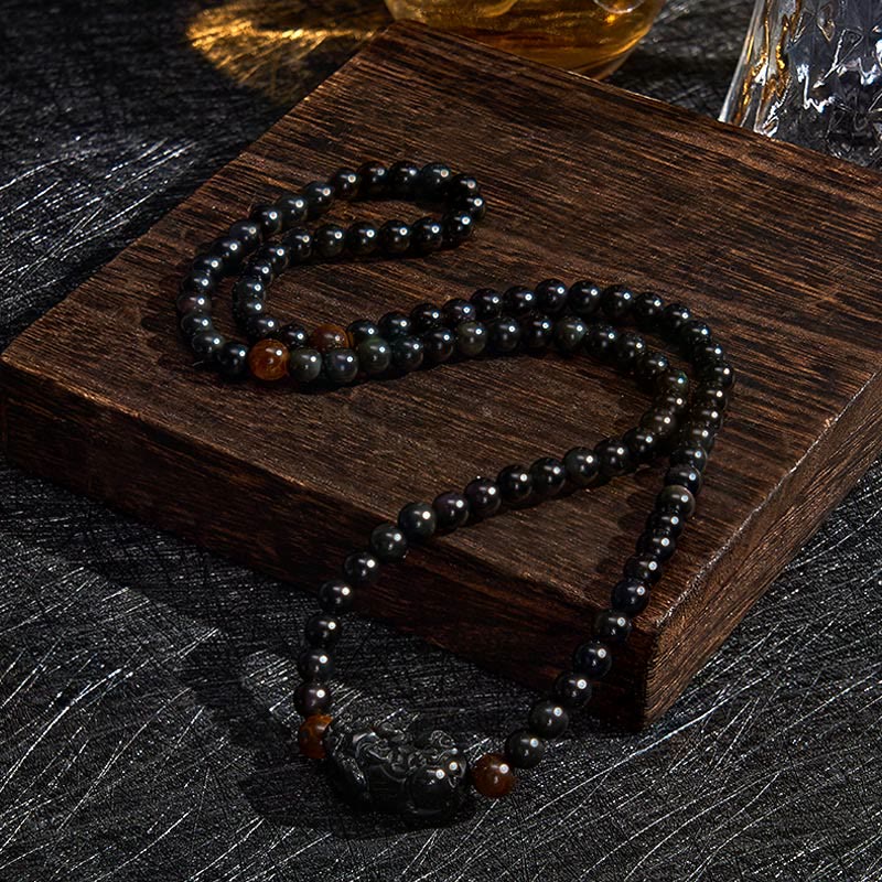 Buddha Stones PiXiu Rainbow Obsidian Black Obsidian Wealth Hand Carved Bead Bracelet