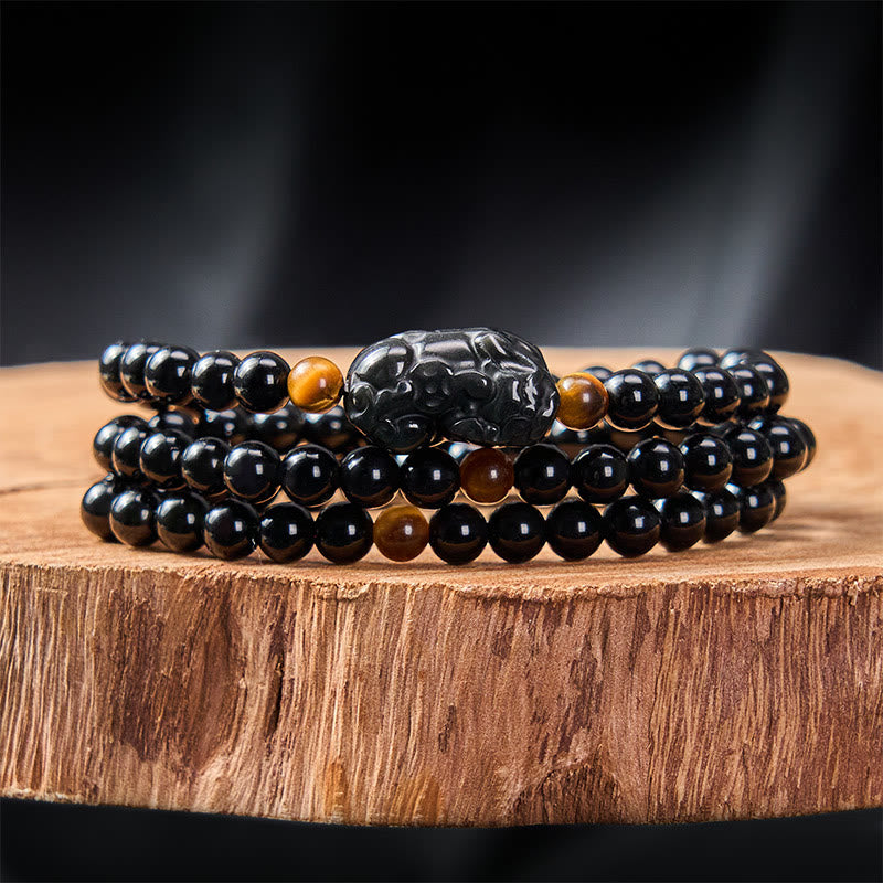 Buddha Stones PiXiu Rainbow Obsidian Black Obsidian Wealth Hand Carved Bead Bracelet