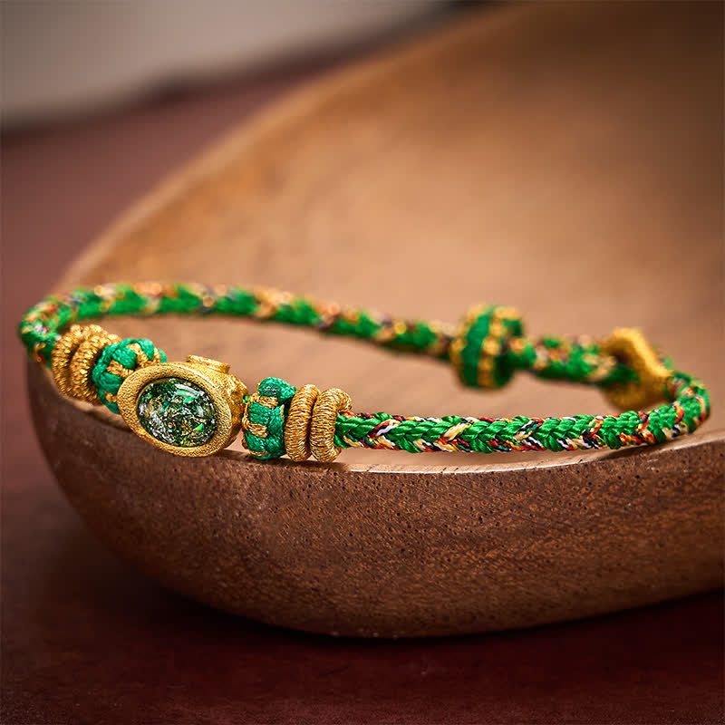 EverestArtstudios Five Color Hand Woven Green String Green Ingots And Plum Blossom Amulets Protection Adjustable Bracelet