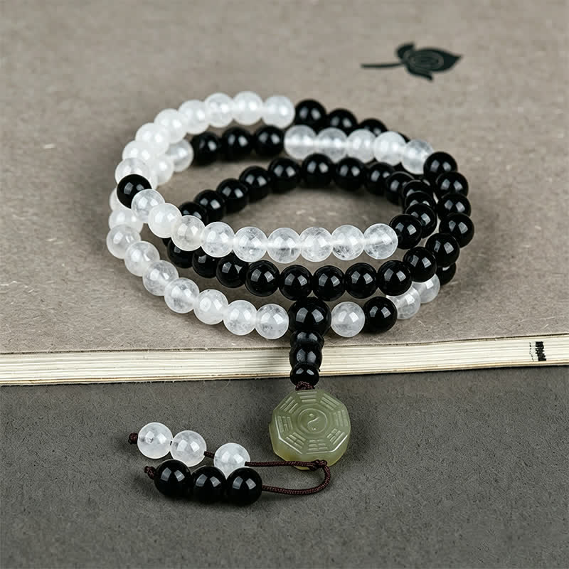 Buddha Stones Black Obsidian Bagua Protection Hand Beaded Bracelet