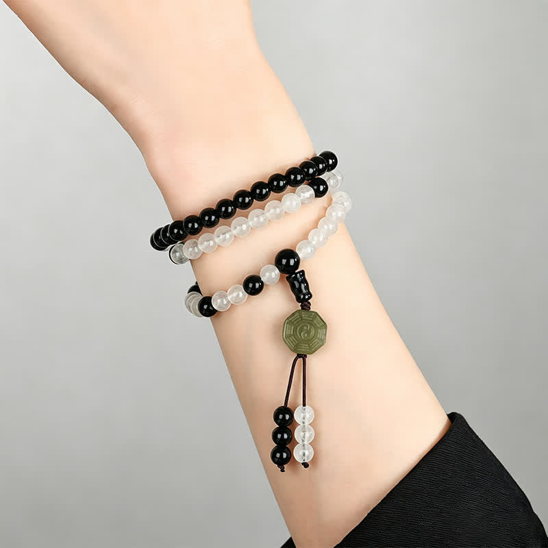 Buddha Stones Black Obsidian Bagua Protection Hand Beaded Bracelet
