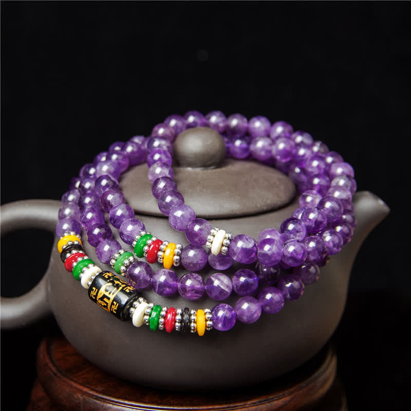 Buddha Stones Amethyst Om Mani Padme Hum Purity Prayer 108 Bead Mala
