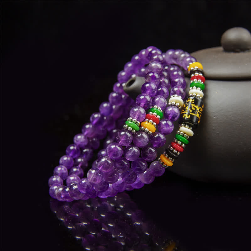 Buddha Stones Amethyst Om Mani Padme Hum Purity Prayer 108 Bead Mala