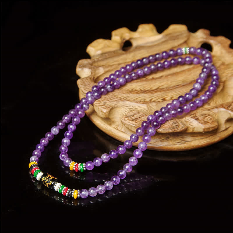 Buddha Stones Amethyst Om Mani Padme Hum Purity Prayer 108 Bead Mala