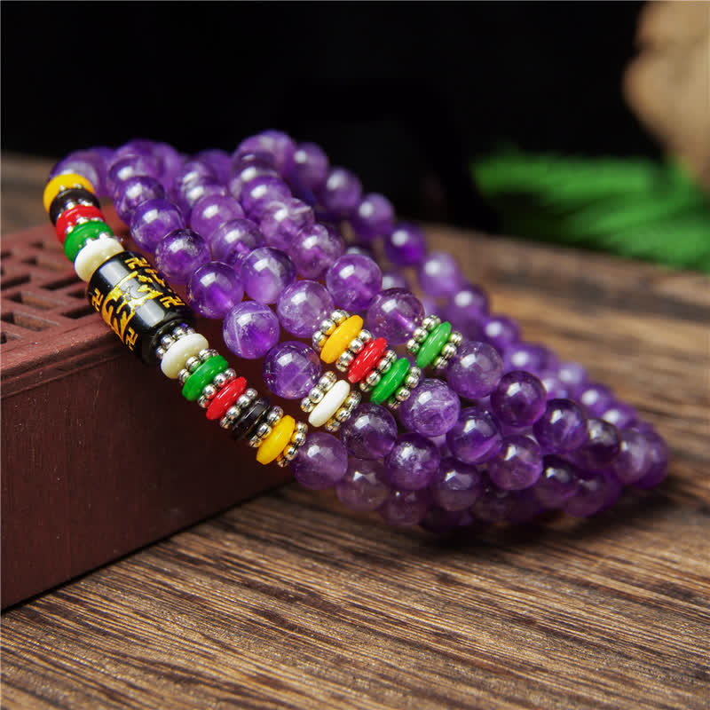 Buddha Stones Amethyst Om Mani Padme Hum Purity Prayer 108 Bead Mala